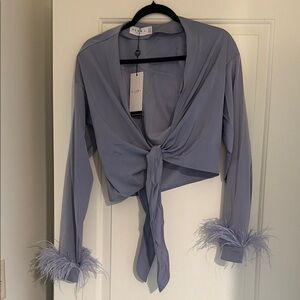 Club L London Lavender Tie-Front Blouse with Feather Details